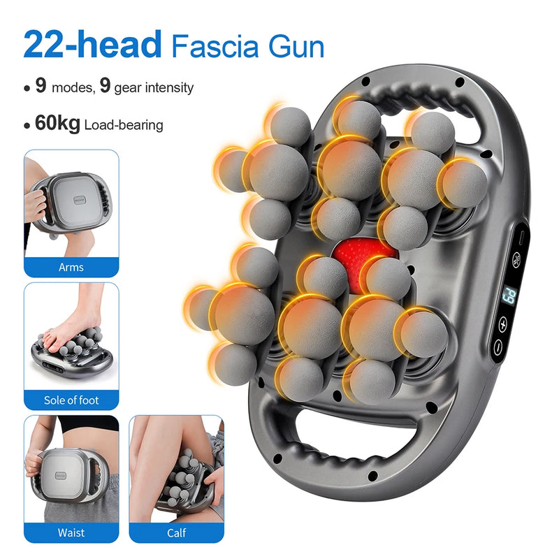 22-head fascia gun targeting arms, waist, calves and soles of feet; ergonomic dual handles and soft massage balls for versatile at-home recovery.