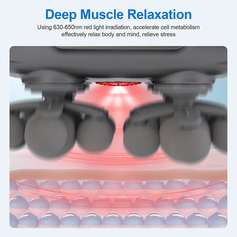 Underside view illustrating 630–650 nm red-light warming used with the 22-head fascia massager to promote deep muscle relaxation.