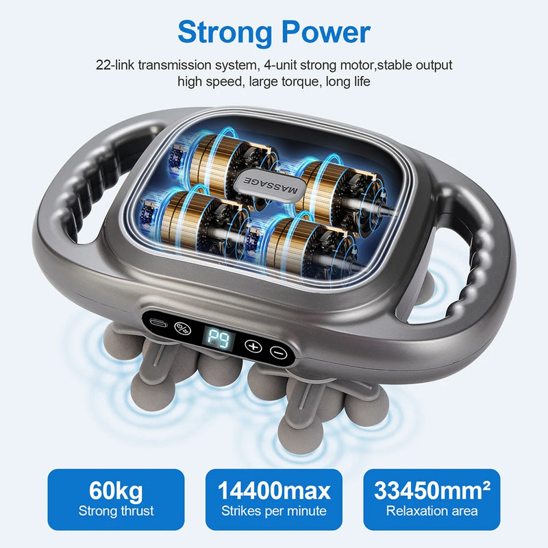 Transparent view of 22-head fascia massager with four-motor drive; specs callouts: 60 kg thrust, up to 14,400 strikes per minute, 33,450 mm² coverage.