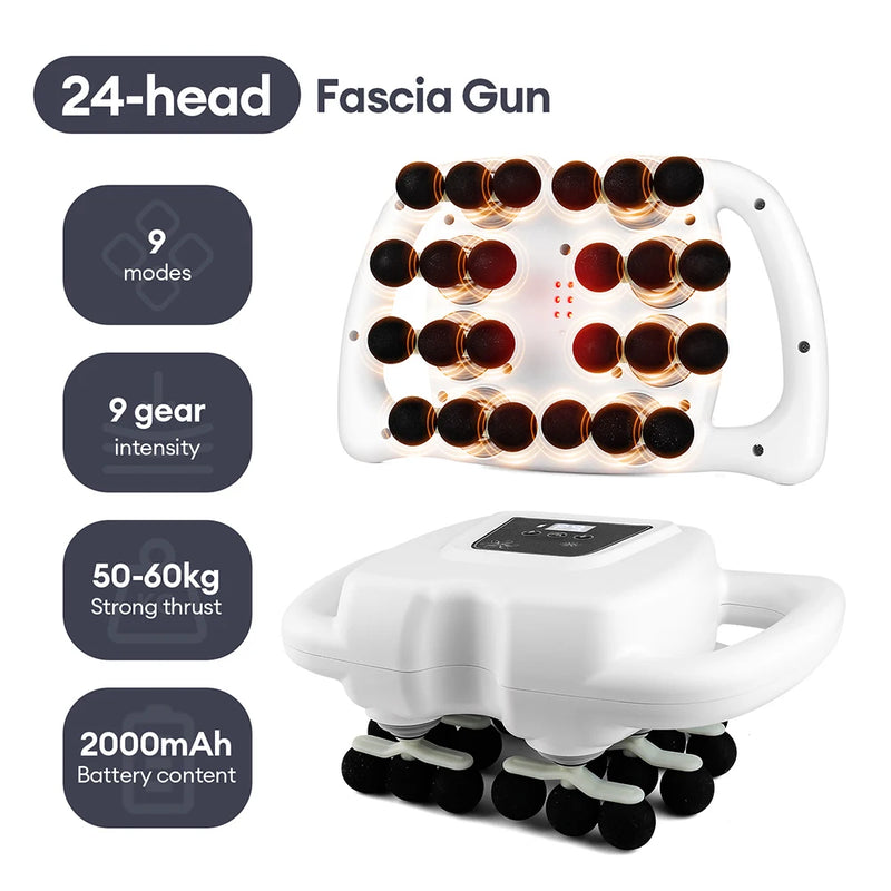 Silver 24-head fascia gun with red-light center; 9 modes, 9-gear intensity, 50–60 kg strong thrust and 2000 mAh battery shown.