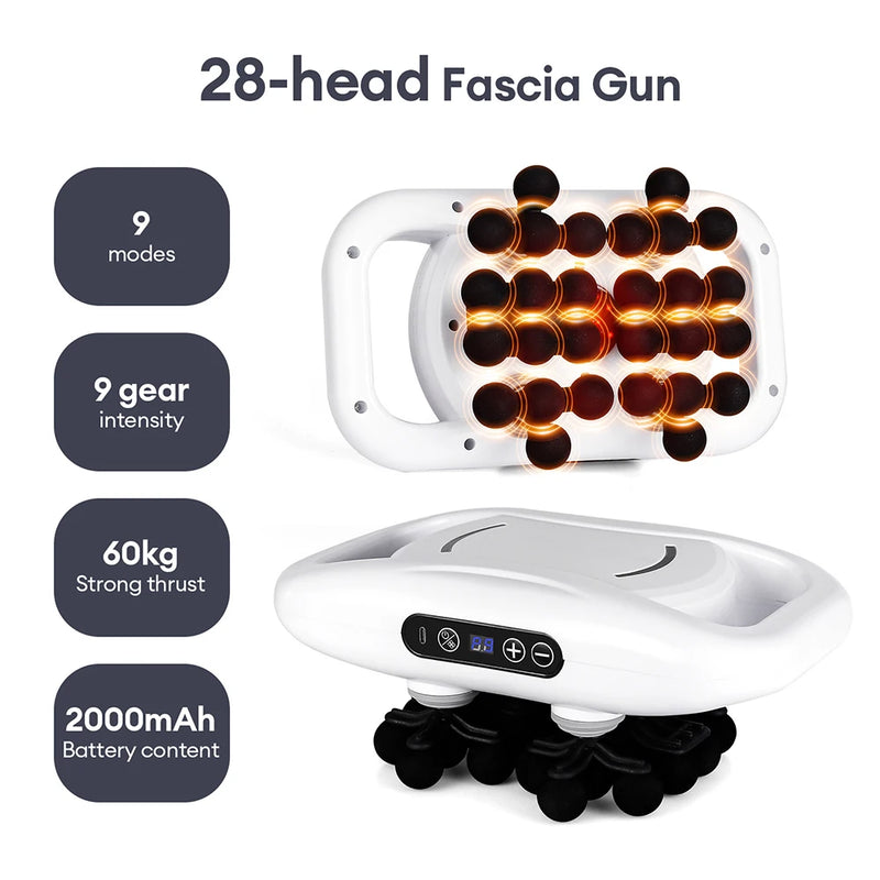 White 28-head fascia gun with illuminated massage balls; callouts for 9 modes, 9-gear intensity, 60 kg thrust and 2000 mAh rechargeable battery.