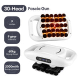 White 30-head fascia gun showing 9 modes, 9-gear intensity, 60 kg thrust and 2000 mAh battery; front and side views with glowing massage heads.