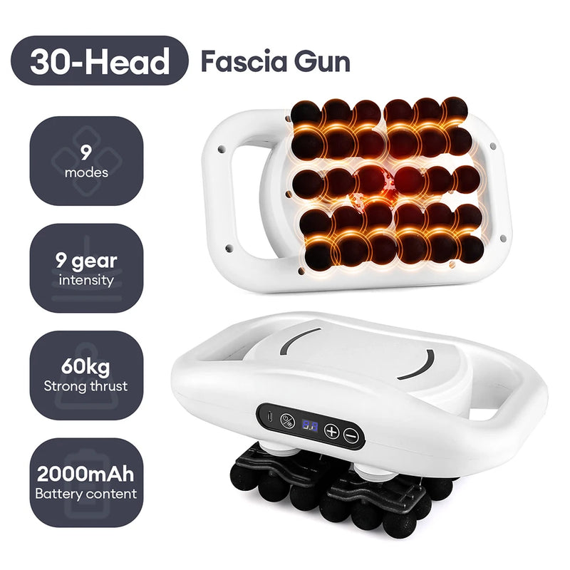 White 30-head fascia gun showing 9 modes, 9-gear intensity, 60 kg thrust and 2000 mAh battery; front and side views with glowing massage heads.