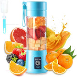 Blue portable USB rechargeable smoothie blender with 380 mL cup and fresh fruit assortment