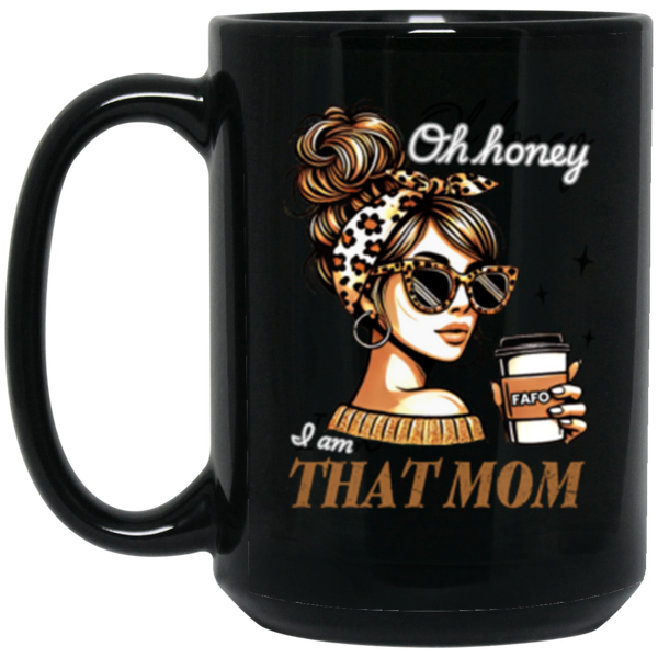 Black mug with a graphic of a woman holding a coffee cup and text 785 