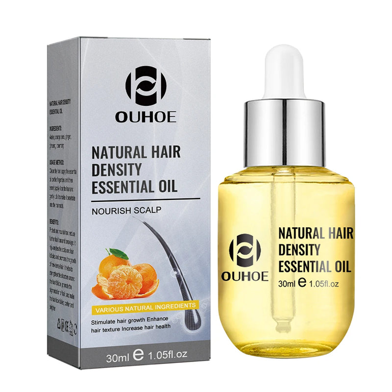OUHOE Natural Hair Density Essential Oil, 30ml dropper bottle with retail box; formulated to nourish the scalp and support fuller-looking hair.