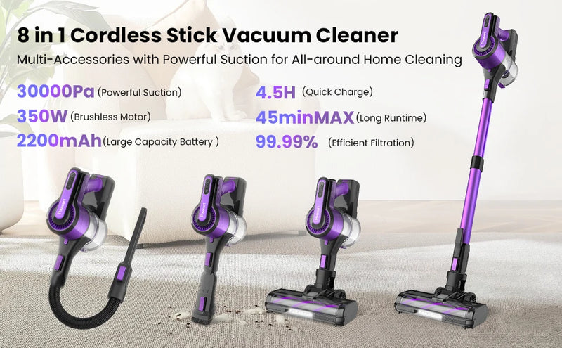 Poweart V870 Cordless Vacuum Cleaner 30KPa 8-in-1 Stick Vacuum up to 45min Runtime for Hardwood Floor Pet Hair Home Car Cleaning