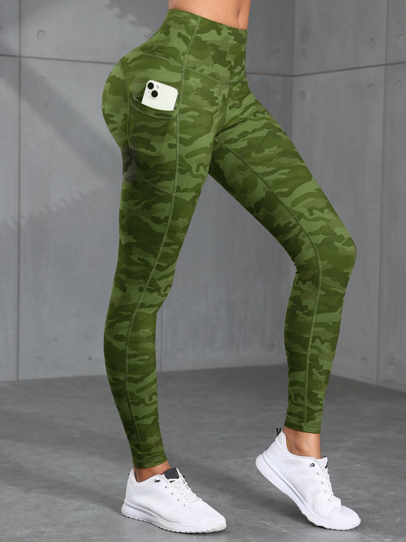 Women Camouflage Print High Waisted Sports Pocket Suitable For Running, Fitness, Yoga, Outdoor Adventure, Squat-Proof Leggings