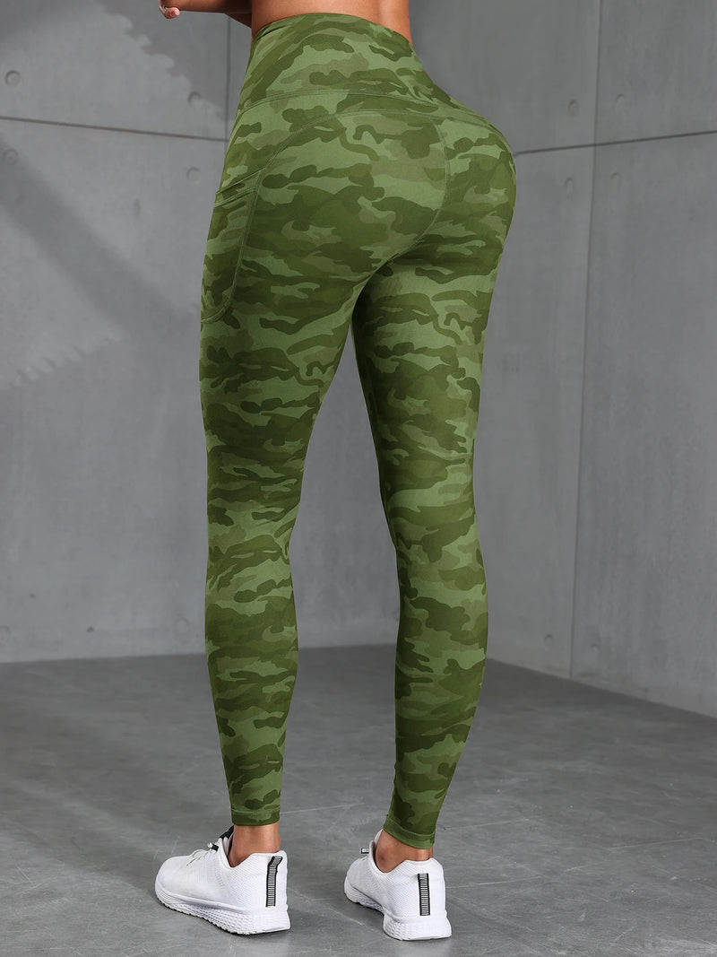 Women Camouflage Print High Waisted Sports Pocket Suitable For Running, Fitness, Yoga, Outdoor Adventure, Squat-Proof Leggings