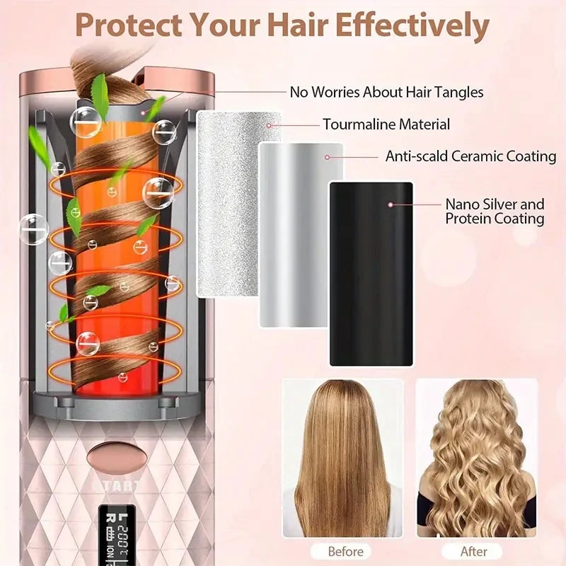 Wireless Electric Hair Curler Portable Travel Home Use 6 Timing 6 Temp. LED Cordless Automatic Hair Curler for Curls or Waves
