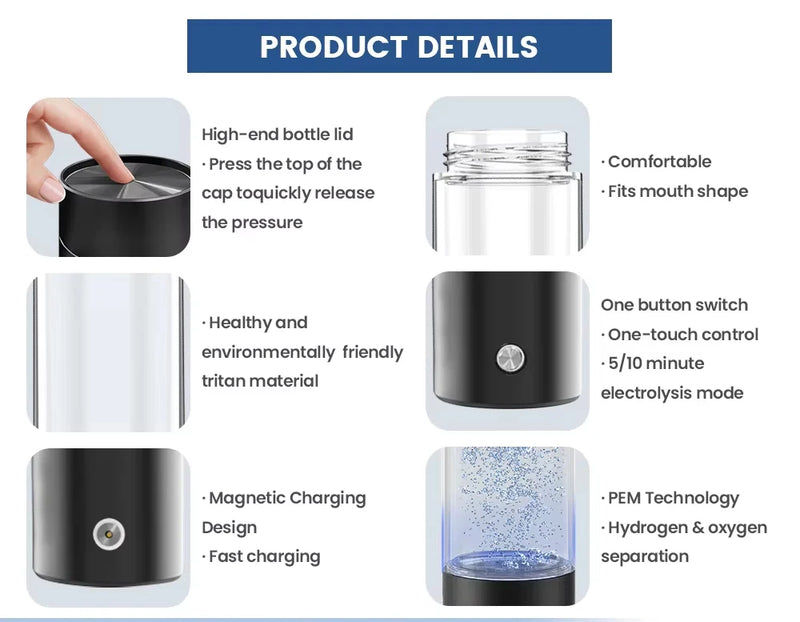 Spe Hydrogen Water Bottle PEM Technology 300ML 5/10 MIN Electrolysis Mode H2 Water Ionizer Generator