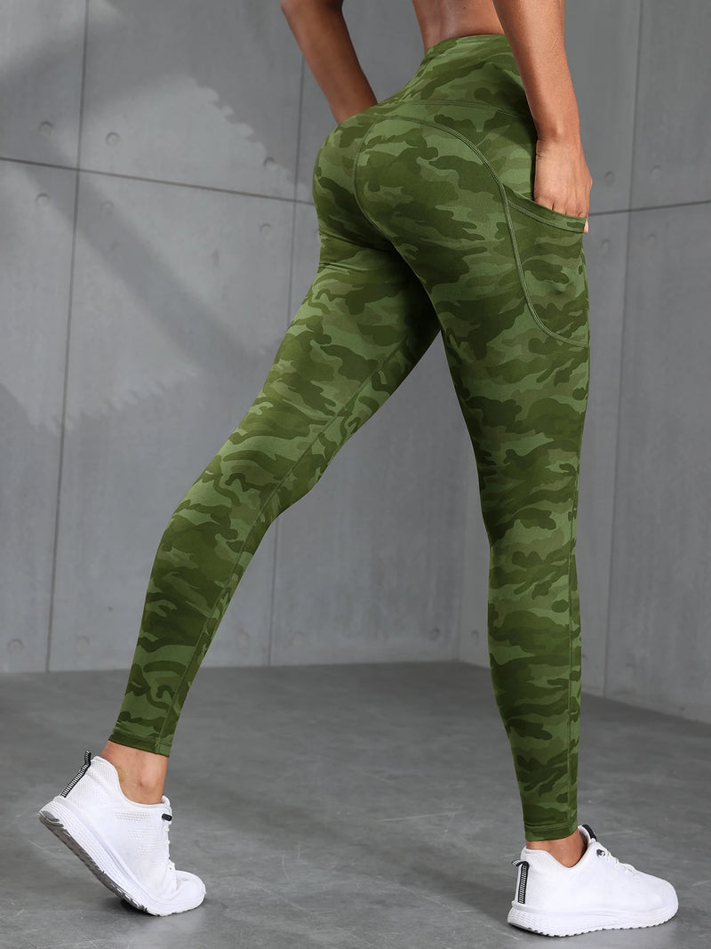 Women Camouflage Print High Waisted Sports Pocket Suitable For Running, Fitness, Yoga, Outdoor Adventure, Squat-Proof Leggings