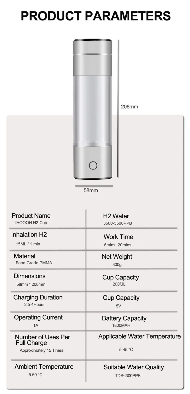 Portable Healthy IHOOOH H2-Cup Anti Aging Hydrogen Generator Mini Hydrogen Concentrators ORP Rechargeable Ionizer Water Bottle