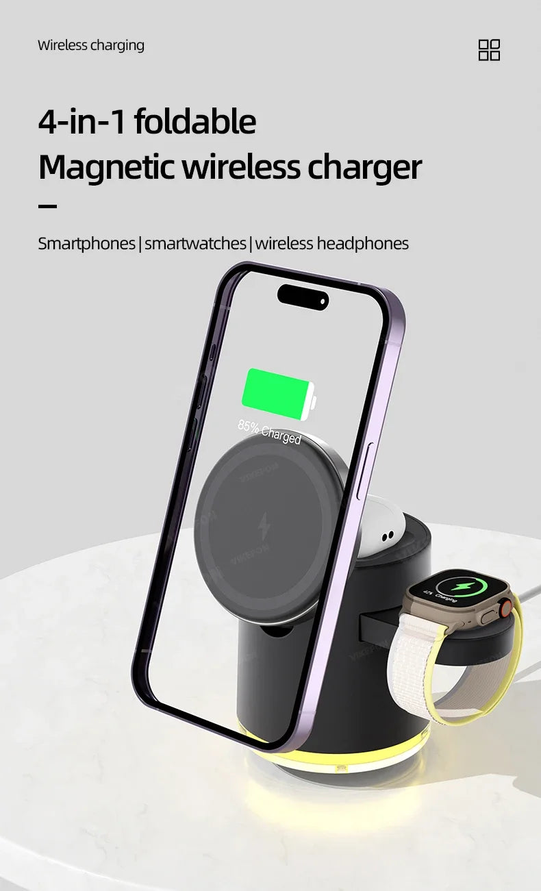 Wireless Charger 4 in 1 QI2 Fast Charging Dock Stand Night Light For Magsafe iPhone 16 15 14 Pro Max Airpods Pro 2-8 Apple Watch