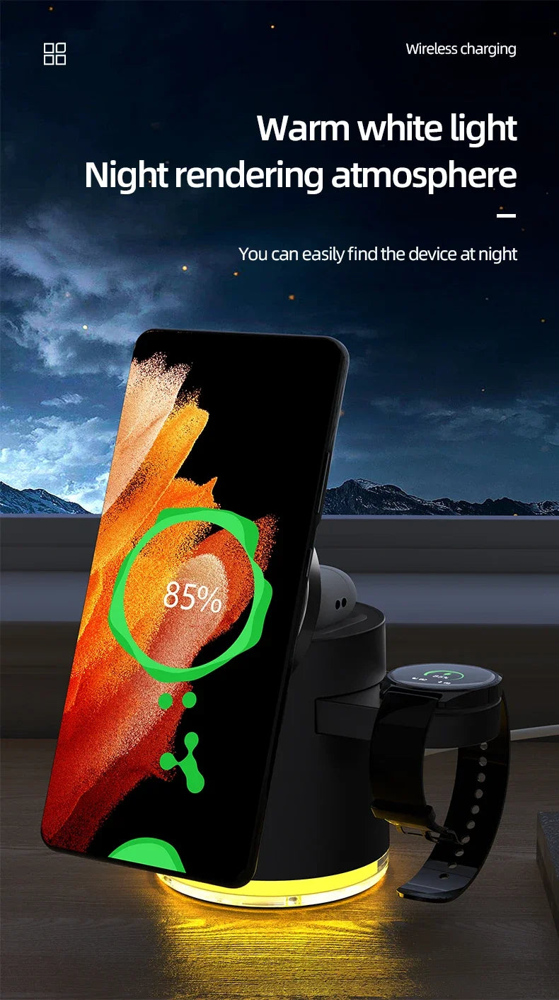 Wireless Charger 4 in 1 QI2 Fast Charging Dock Stand Night Light For Magsafe iPhone 16 15 14 Pro Max Airpods Pro 2-8 Apple Watch