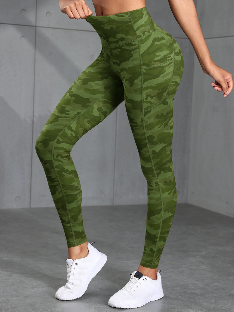 Women Camouflage Print High Waisted Sports Pocket Suitable For Running, Fitness, Yoga, Outdoor Adventure, Squat-Proof Leggings