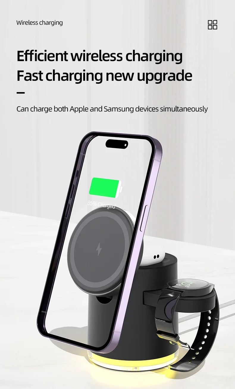 Wireless Charger 4 in 1 QI2 Fast Charging Dock Stand Night Light For Magsafe iPhone 16 15 14 Pro Max Airpods Pro 2-8 Apple Watch