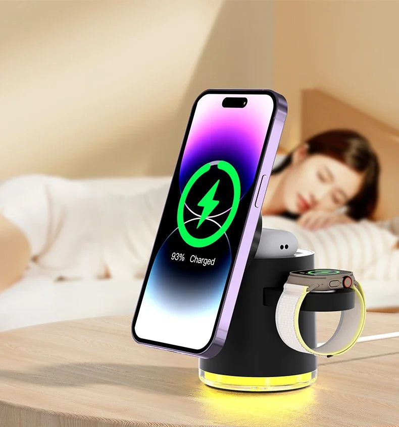 Wireless Charger 4 in 1 QI2 Fast Charging Dock Stand Night Light For Magsafe iPhone 16 15 14 Pro Max Airpods Pro 2-8 Apple Watch