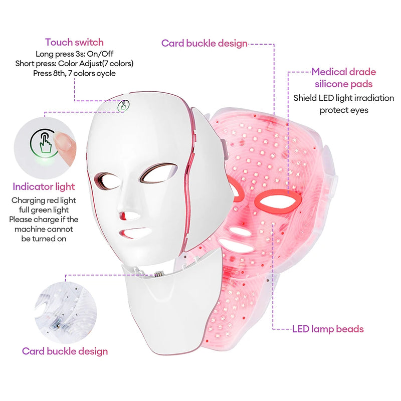 Face Neck Beauty Mask 7 Colors Light LED Mask Photon Red Light Facial Skin Care Repair Skin Anti Aging Wrinkle Skin Tightening