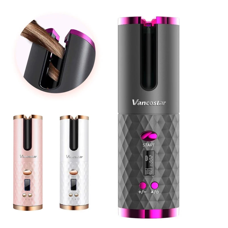 Wireless Electric Hair Curler Portable Travel Home Use 6 Timing 6 Temp. LED Cordless Automatic Hair Curler for Curls or Waves