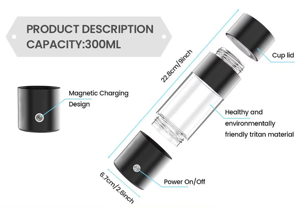 Spe Hydrogen Water Bottle PEM Technology 300ML 5/10 MIN Electrolysis Mode H2 Water Ionizer Generator