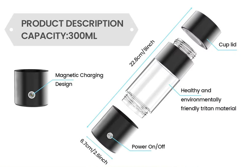 Spe Hydrogen Water Bottle PEM Technology 300ML 5/10 MIN Electrolysis Mode H2 Water Ionizer Generator