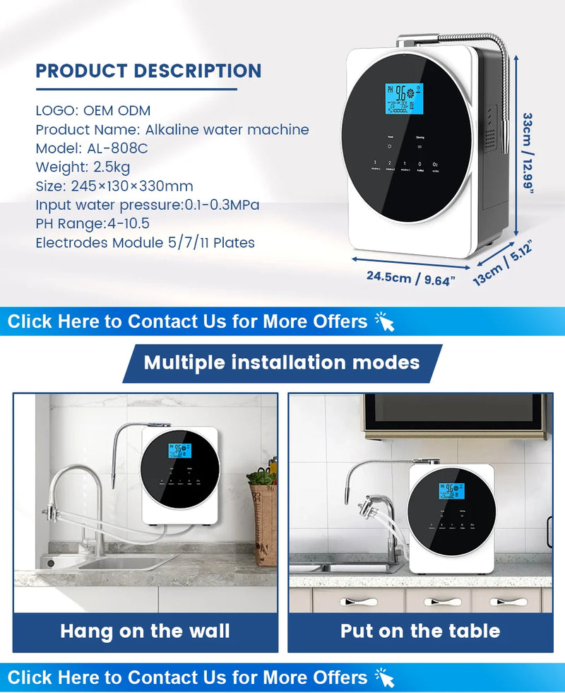 CAWOLO Alkaline Water Ionizer Machine pH 4.5~10.5 Acid Alkaline Water Maker Machine 11 Plates PH Water Machine for Home/Office