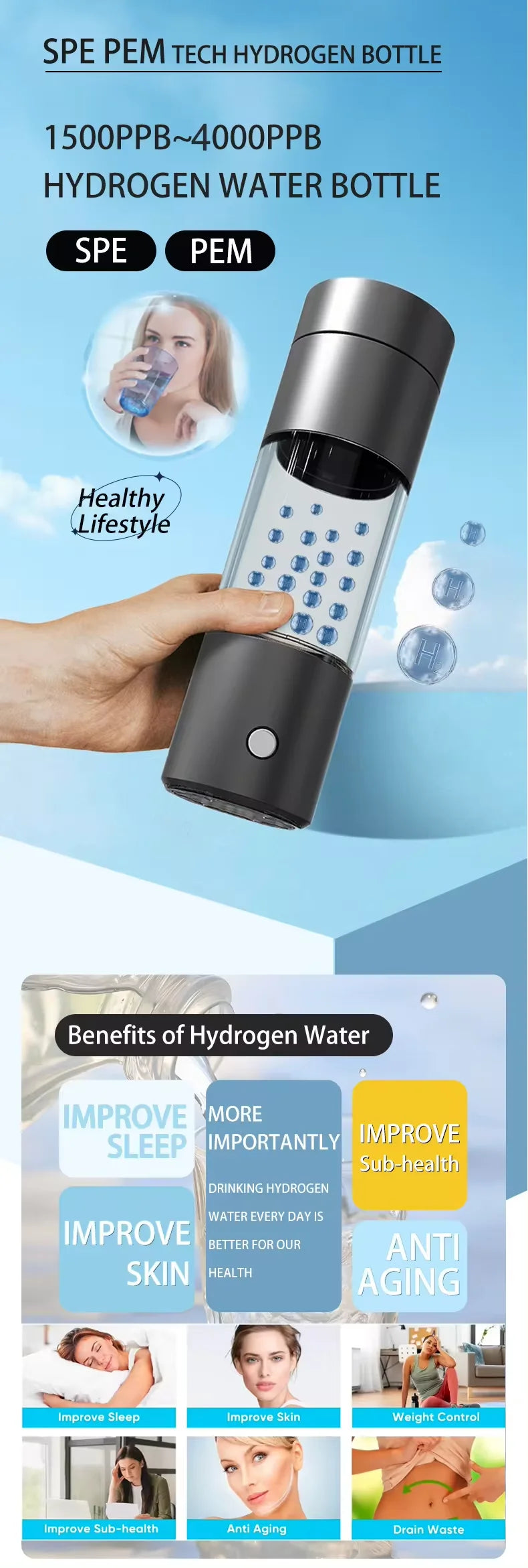 Spe Hydrogen Water Bottle PEM Technology 300ML 5/10 MIN Electrolysis Mode H2 Water Ionizer Generator