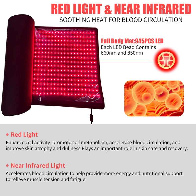 Red Light Mat Full Body 63" x 23.6" 945pcs LED Beads 660nm and 850nm Red Light Blanket Whole Body LED Light Relax Pad