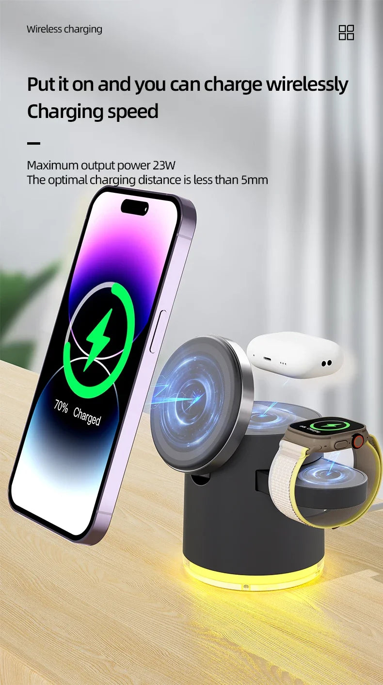 Wireless Charger 4 in 1 QI2 Fast Charging Dock Stand Night Light For Magsafe iPhone 16 15 14 Pro Max Airpods Pro 2-8 Apple Watch