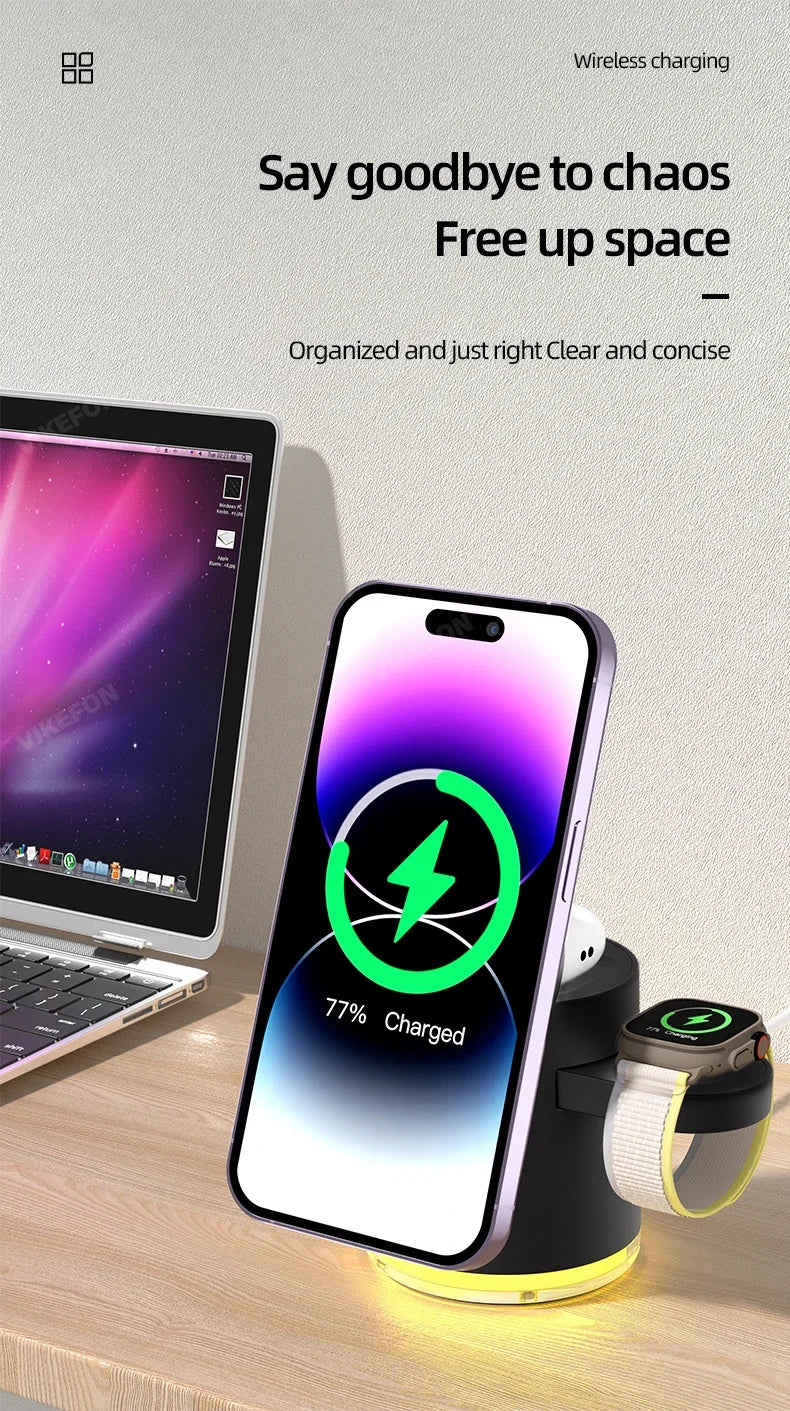 Wireless Charger 4 in 1 QI2 Fast Charging Dock Stand Night Light For Magsafe iPhone 16 15 14 Pro Max Airpods Pro 2-8 Apple Watch