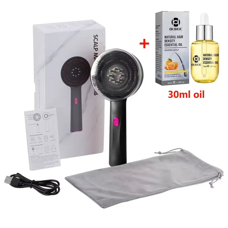 Black electric scalp massage comb with red-light LEDs, USB cable, storage pouch, user guide, and 30ml hair density essential oil.