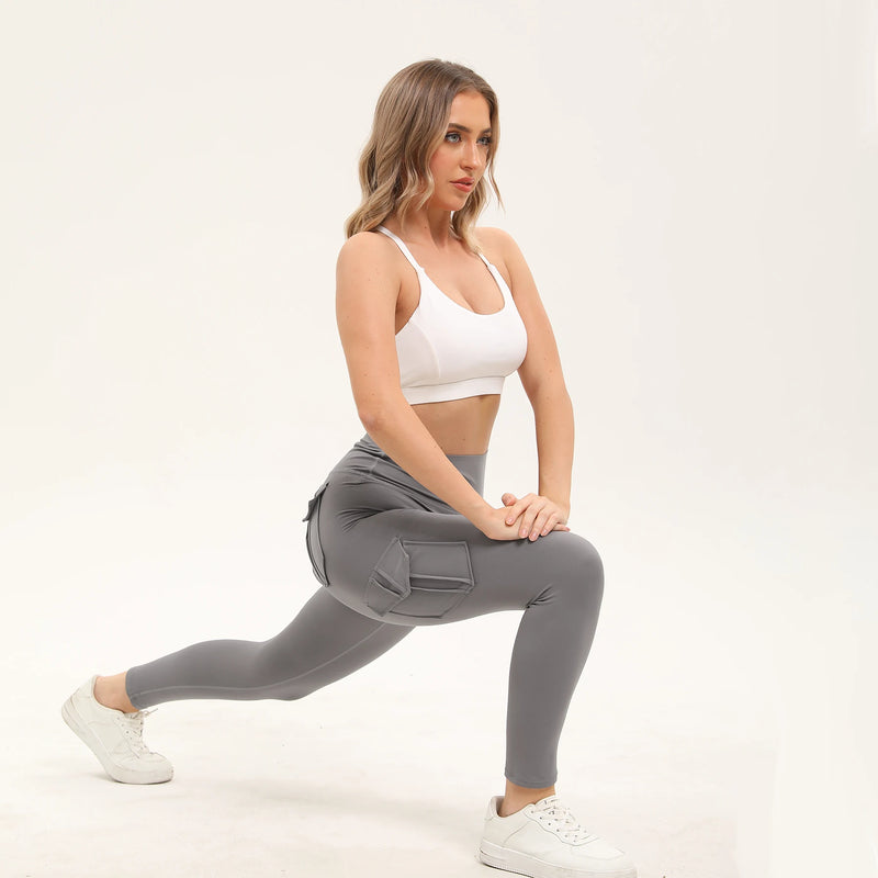 Women's Solid Color Gym Leggings High Waisted Fitness Yoga Pants Practical Pocket Stretch Outdoors Sports Cargo Styles Pants