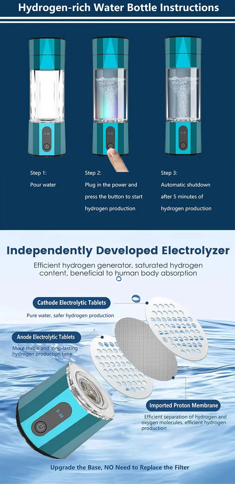 Hydrogen Water Generator Bottle SPE PEM Technology Electrolysis Maker Ionizer H2 Inhalation Device with Nasal Inhalation Tube