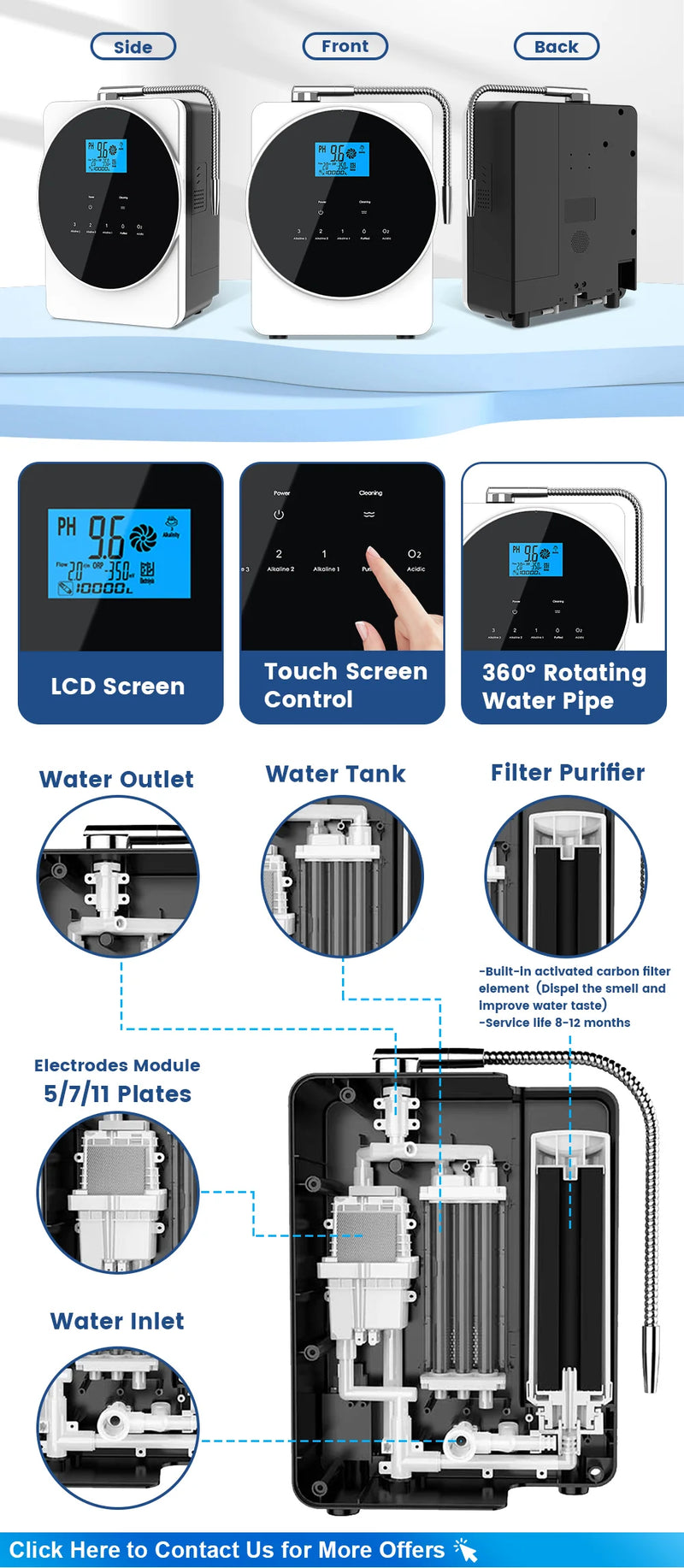 CAWOLO Alkaline Water Ionizer Machine pH 4.5~10.5 Acid Alkaline Water Maker Machine 11 Plates PH Water Machine for Home/Office