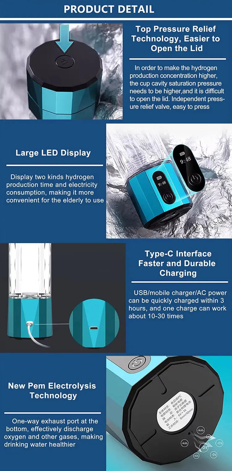 Hydrogen Water Generator Bottle SPE PEM Technology Electrolysis Maker Ionizer H2 Inhalation Device with Nasal Inhalation Tube