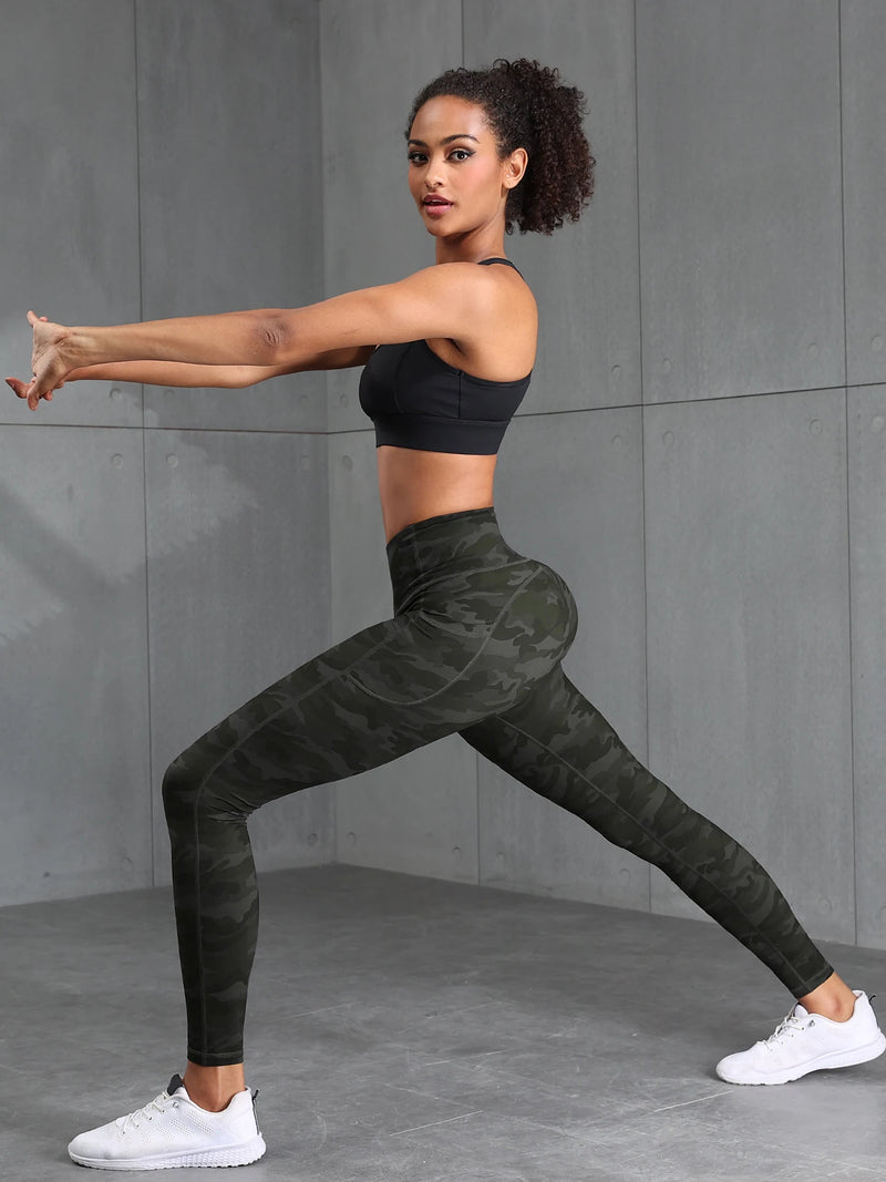 Women Camouflage Print High Waisted Sports Pocket Suitable For Running, Fitness, Yoga, Outdoor Adventure, Squat-Proof Leggings