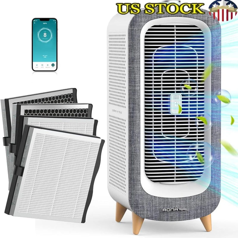 Large-room air purifier 2105 ft² capacity with True HEPA 13 and activated carbon filters; US stock image with extra replacement filters