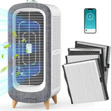 Air purifier with True HEPA 13 and activated carbon, angle view with replacement filters and phone app icon