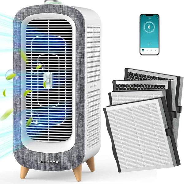 Air purifier with True HEPA 13 and activated carbon, angle view with replacement filters and phone app icon