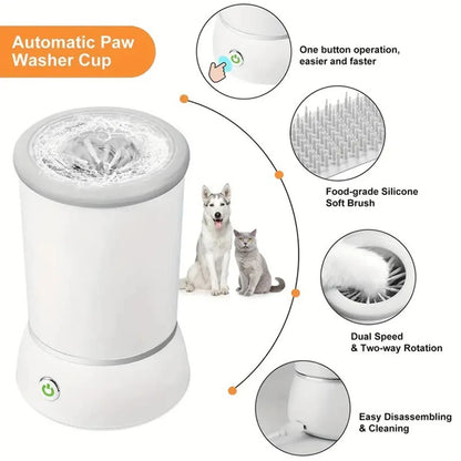 Automatic paw washer cup diagram showing one-button operation, silicone bristles, dual rotation, and easy cleaning for dogs and cats