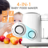Diagram showing the baby food maker’s four functions—steam, blend, defrost, and warm—beside the control dial.