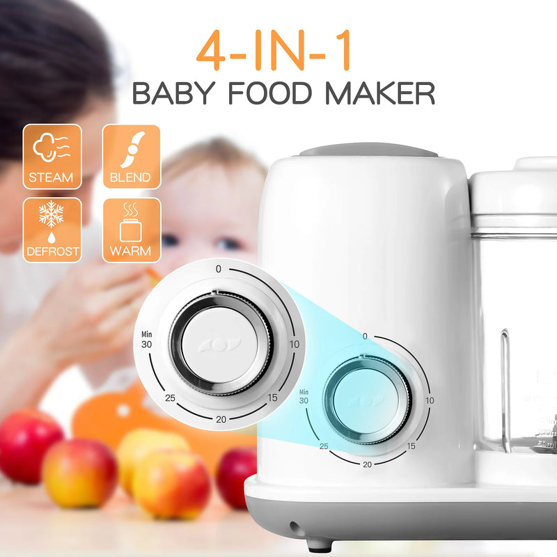 Diagram showing the baby food maker’s four functions—steam, blend, defrost, and warm—beside the control dial.