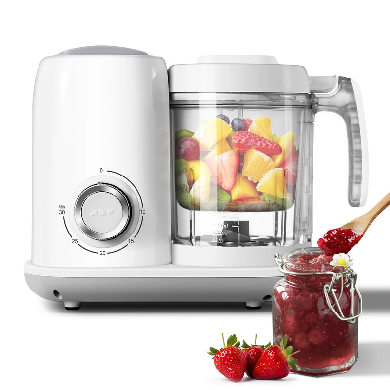 4-in-1 baby food maker in white with blending jar full of fruit next to a jar of strawberry puree.
