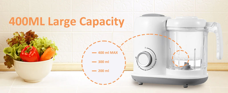 Large-capacity 400 ml baby food maker bowl with measurement markers highlighted.