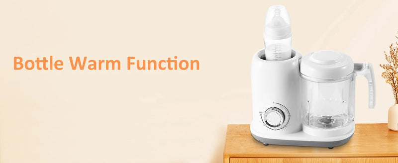 4-in-1 baby food maker showing bottle warming function; white unit warming a baby bottle on a kitchen counter.
