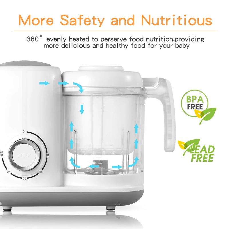 BPA-free, lead-free baby food maker with arrows illustrating 360-degree even heating inside the blending bowl.