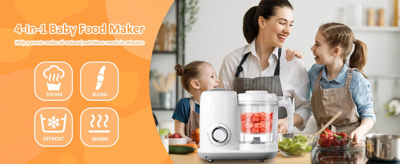 Mother cooking with children next to the 4-in-1 baby food maker on a kitchen counter.
