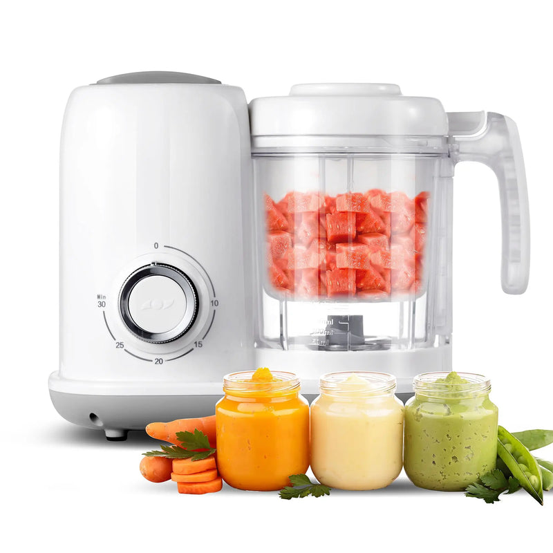 4-in-1 baby food maker with diced ingredients in the jug and three jars of homemade purees in front.