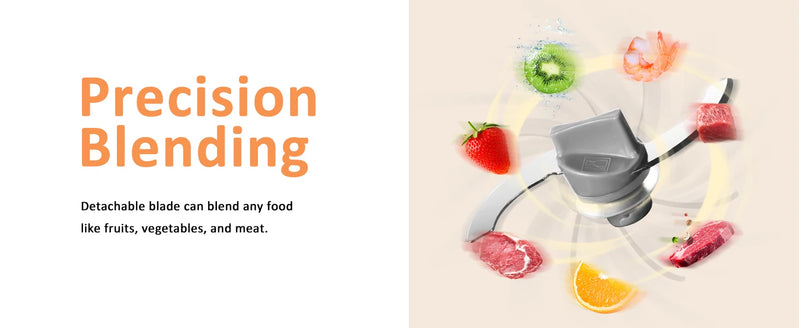 Close-up of detachable precision blade blending fruits, vegetables, and meat for smooth baby puree.